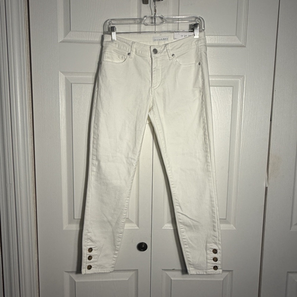 Loft Curvy Skinny Jeans Women 27/4 White Cropped Button Ankle Slim Pocket Cruise